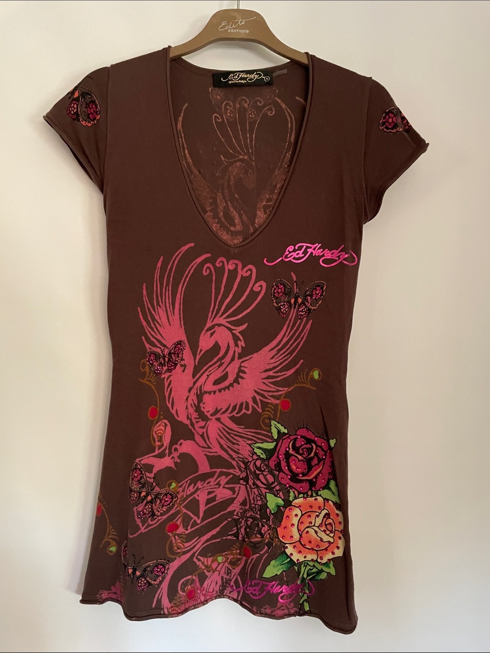 Ed Hardy Brown Rhinestone Tee with Pink Phoenix Lion Graphic S NWOT